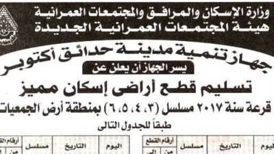 ١ يونيو .. تسليم قطع أراضي الإسكان المميز بحدائق اكتوبر