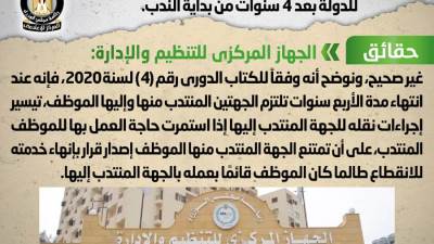 حقيقة إنهاء خدمة الموظفين المنتدبين بالجهاز الإداري بعد 4 سنوات من بداية الندب