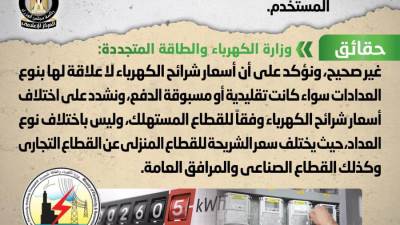 شائعة: اختلاف أسعار شرائح الكهرباء وفقاً لنوع العداد المستخدم 