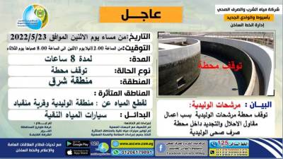 قطع المياه لمدة ٨ ساعات عن منطقة الوليدية ومنقباد بأسيوط